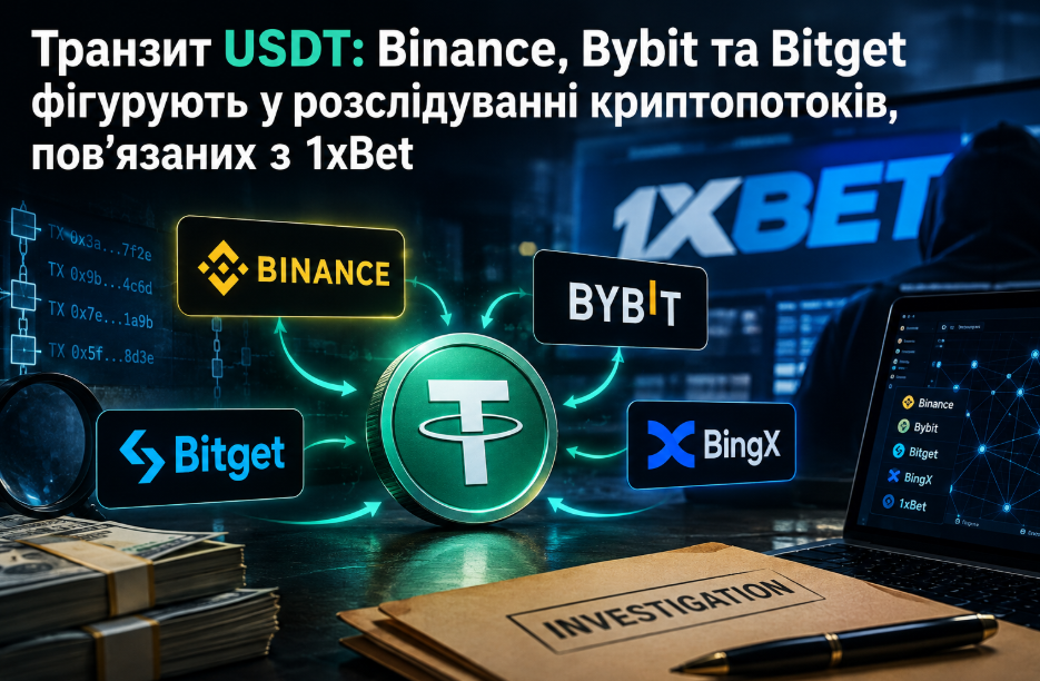 Транзит USDT: Binance, Bybit, BingX та Bitget фігурують у розслідуванні криптопотоків пов’язаних з 1xBet