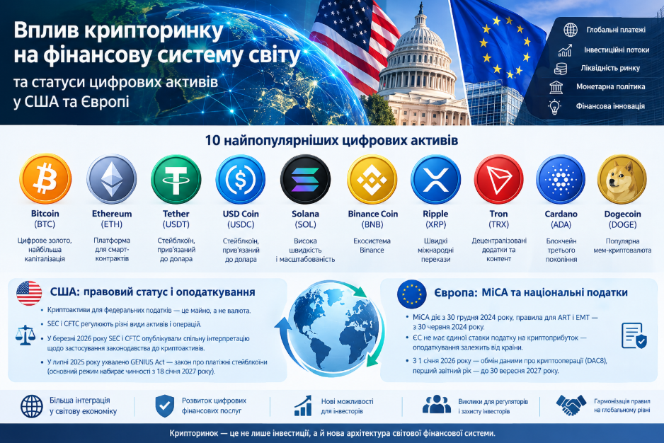 Вплив крипторинку на фінансову систему світу: статуси цифрових активів у США та Європі