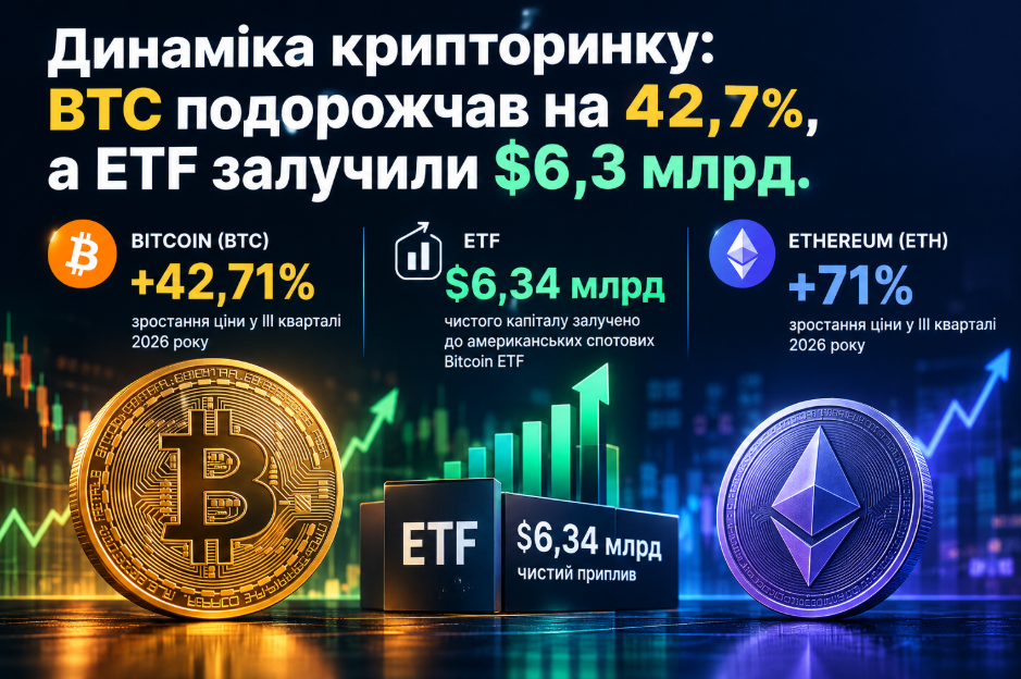 Динаміка крипторинку: BTC подорожчав на 42,7%, а ETF залучили $6,3 млрд